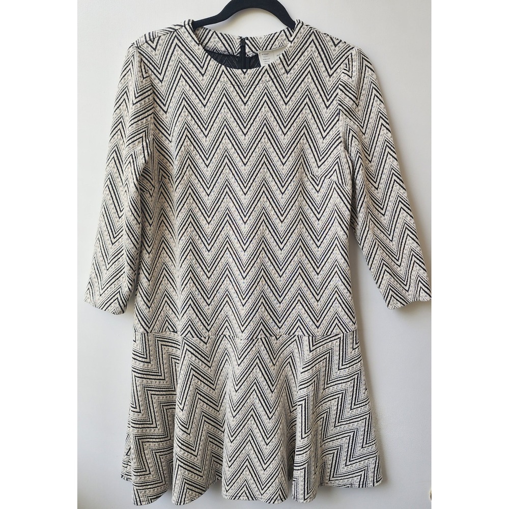 Anthropologie Saturday Sunday Black Cream Chevron Drop Waist Ruffle Dress Small